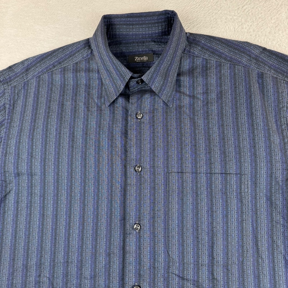 Zanella Button Up Shirt Mens XL Blue Striped Geometric Harold HBD Made In Italy - Picture 2 of 12